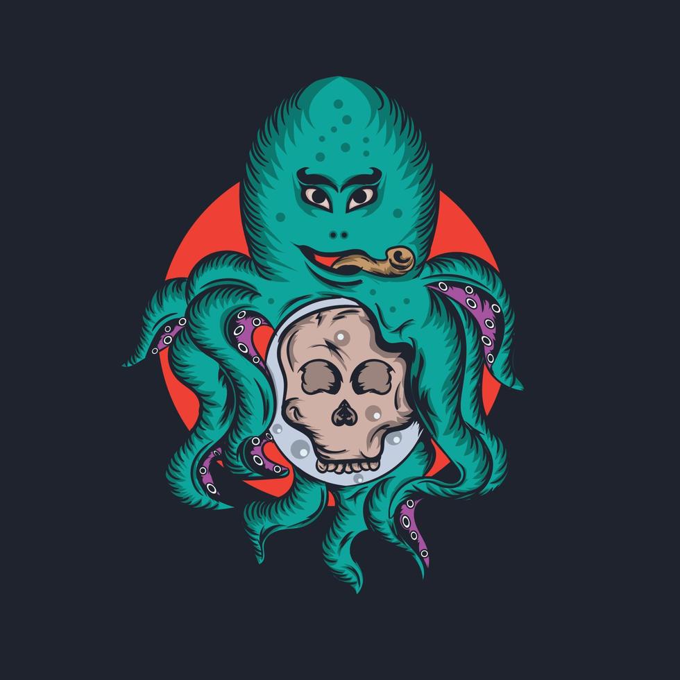 octopus smoking and carrying skull vector