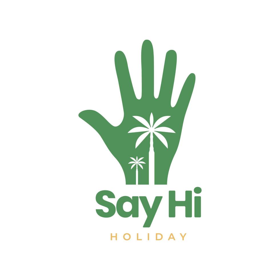 hand say hello to holidays coconut trees logo design vector icon illustration template