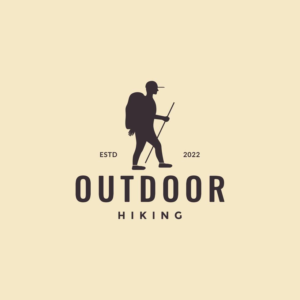 young man outdoor hiking mountain bag nature hipster logo design vector icon illustration template
