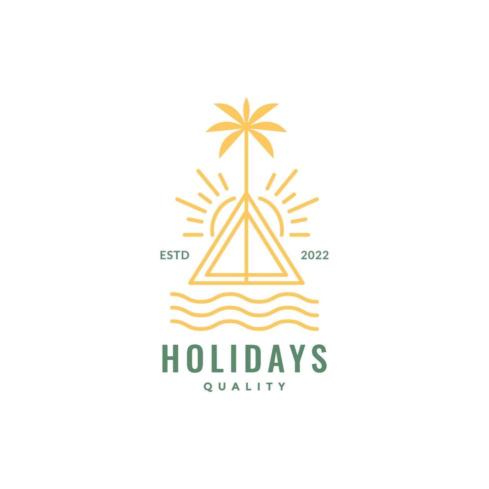 playa campamento carpa cocoteros puesta de sol líneas de agua hipster color logotipo diseño vector icono ilustración plantilla