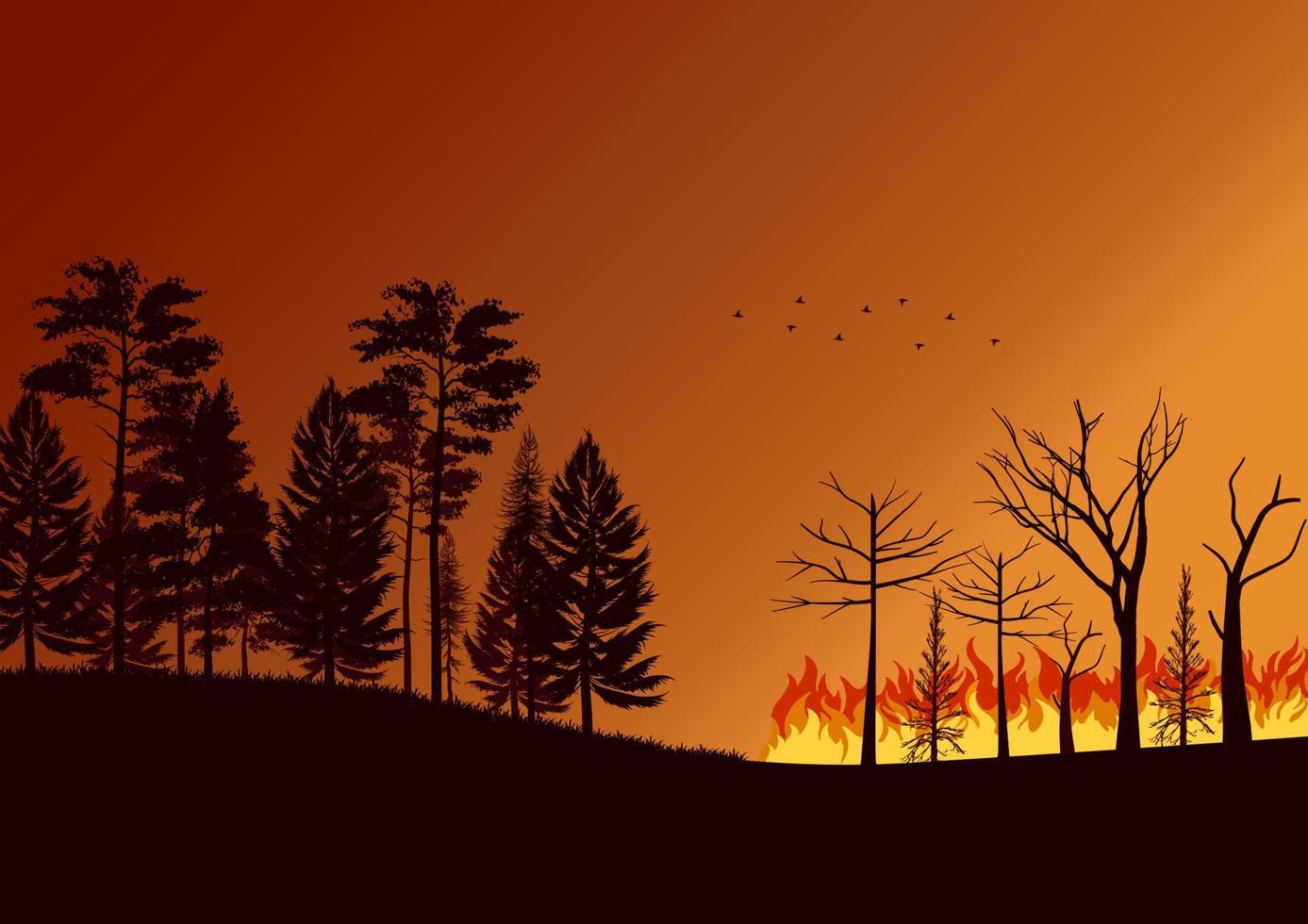 Silhouette of a forest fire with burning trees. Vector illustration.