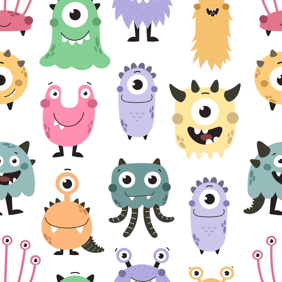 seamless pattern with cartoon monsters, decor elements vector