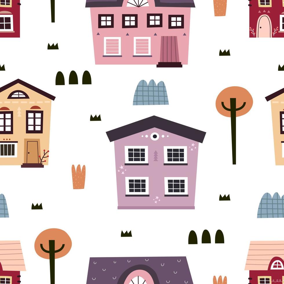 seamless pattern with cartoon houses, tree, decor elements. colorful vector for kids, flat style. Baby design for fabric, textile, print, wrapper.
