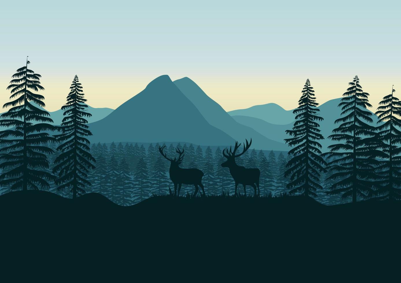 paisaje de montaña con alces en el bosque de pinos. ilustración vectorial vector