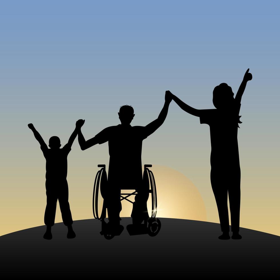 Silhouette of a disabled man in a wheelchair with his family rejoice at the dawn with hope for the best. Happy family concept. vector