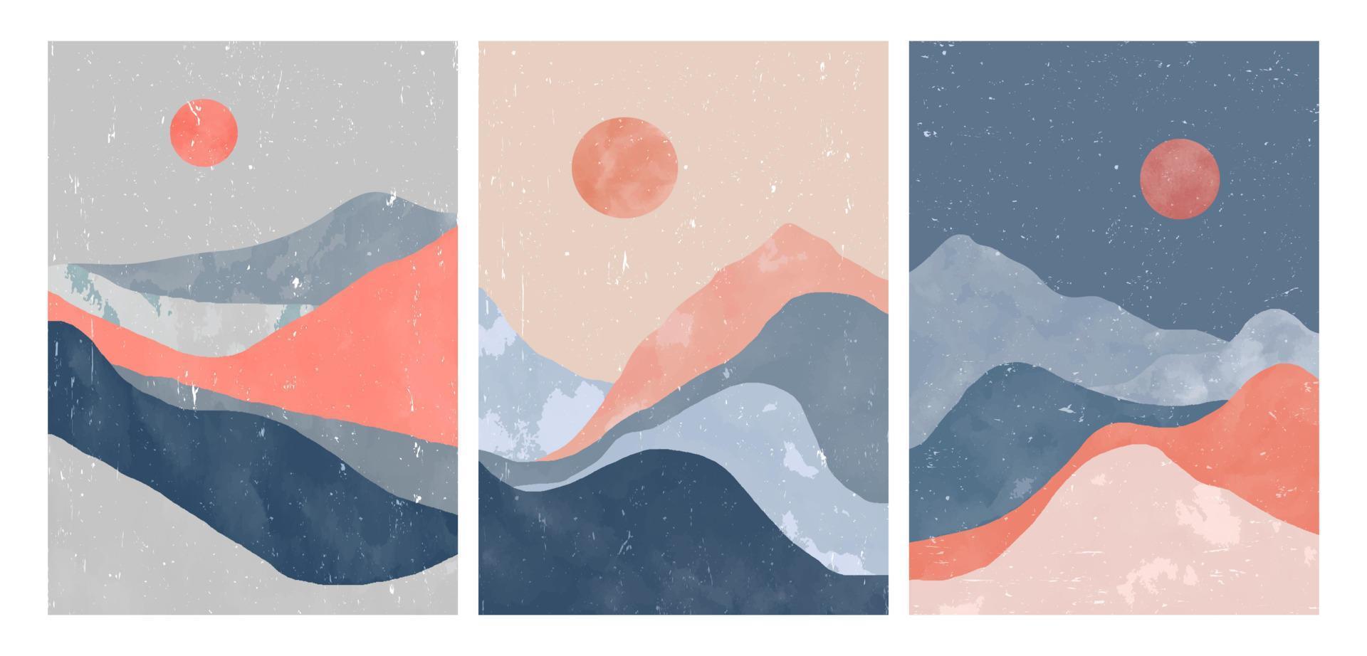 conjunto de impresiones de arte minimalista moderno de mediados de siglo. abstracto montaña contemporáneo estética fondos paisajes. ilustraciones vectoriales vector