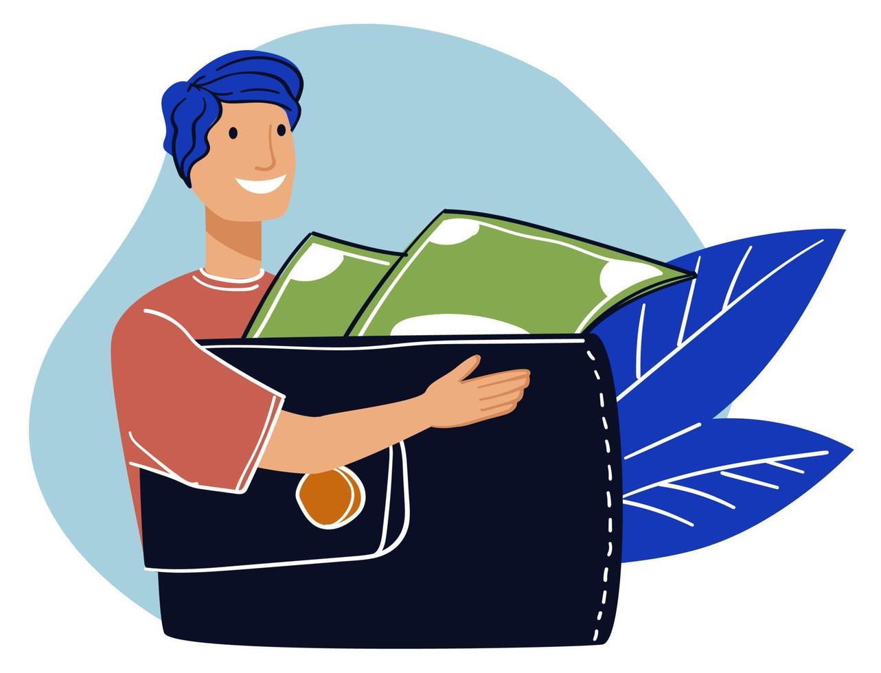 Man saving money, male with wallet and banknotes vector