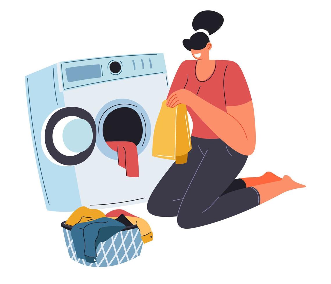 Woman sorting clothes for washing machine cleaning vector