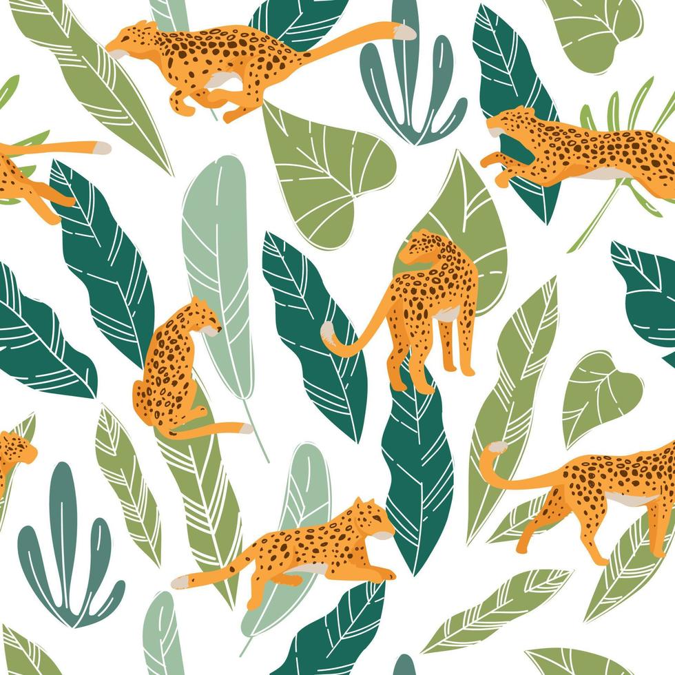 Leopard or cheetah hiding in lush monstera leaves vector