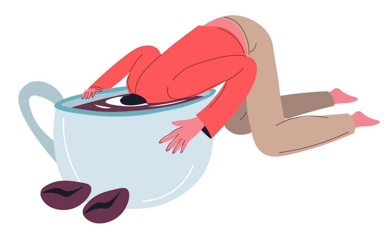 Coffee and caffeine addiction, drowning in cup vector