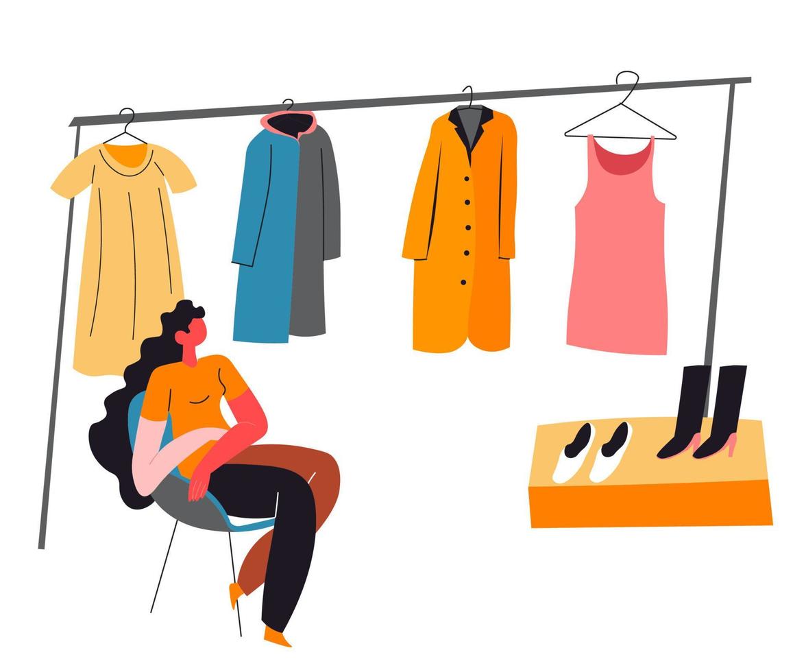 Woman selling vintage clothes, market second hand vector