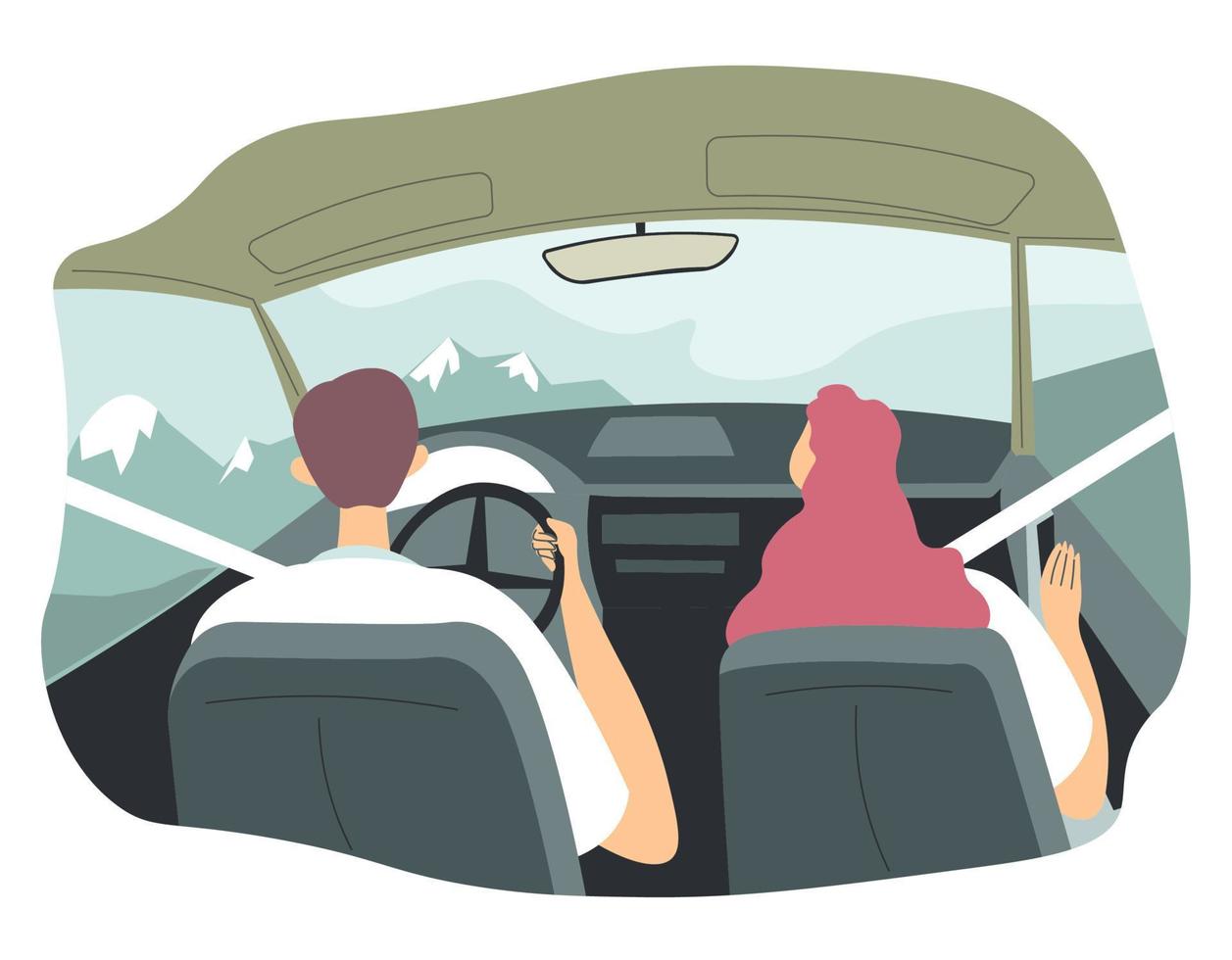 Couple driving car, vacations nature with mountain vector