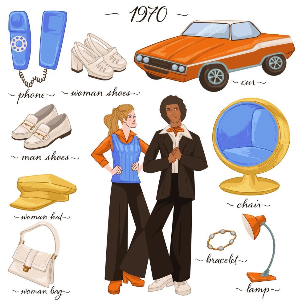 Fashion and clothes, furniture and objects of 70s vector