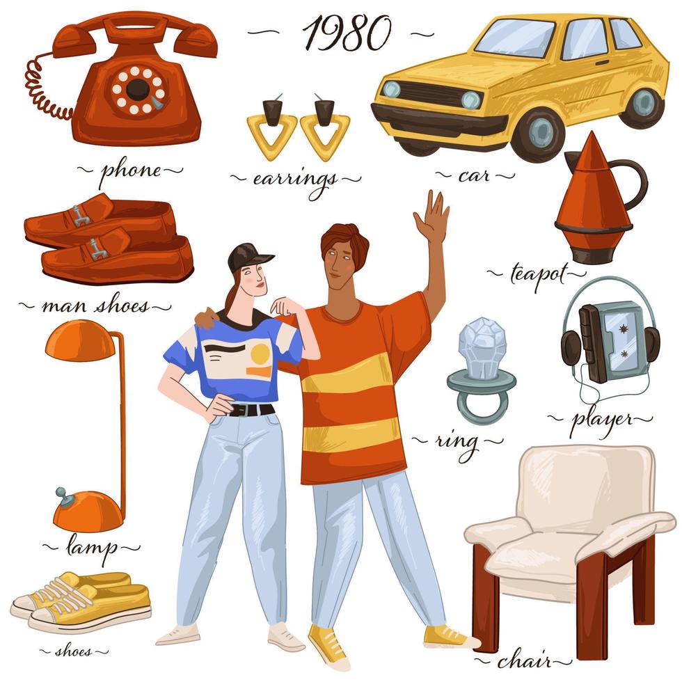 Fashion and clothes, furniture and objects of 80s vector