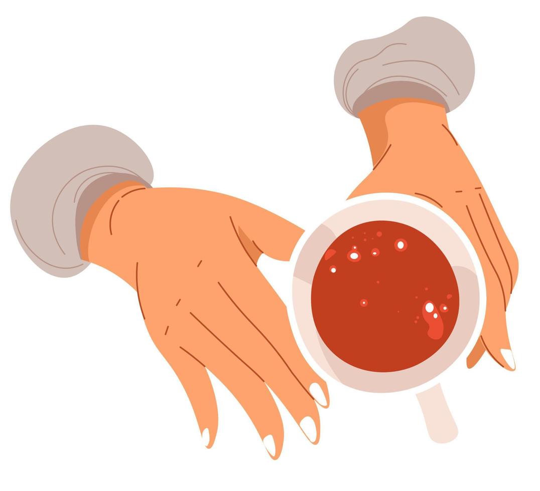 Cup of warm tea, hands holding mug with drink vector