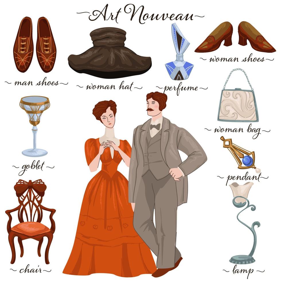 Art Nouveau couple and old fashion of past years vector