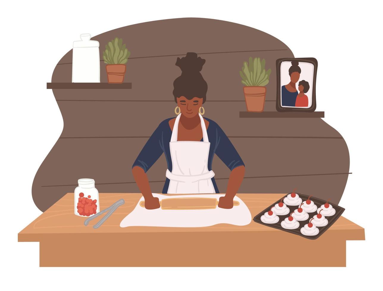 Female character baking cookies at home in kitchen vector