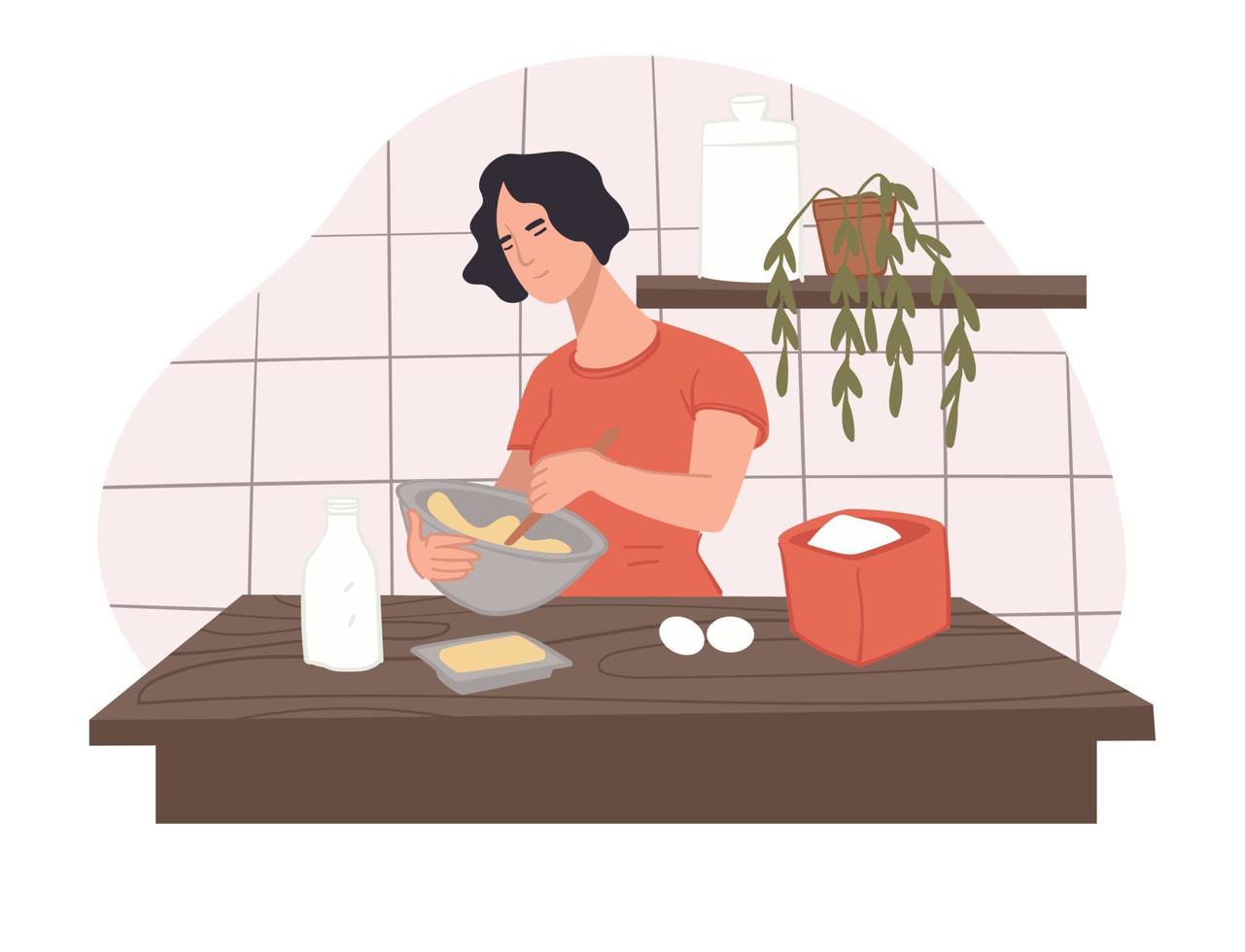 Woman making dough for baking cakes or cookies vector