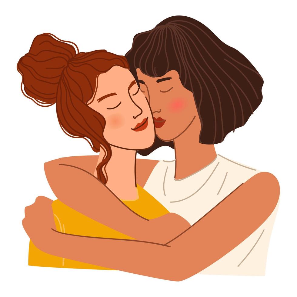 mujeres abrazándose y besándose, pareja amorosa o amiga vector