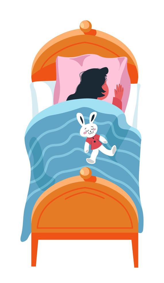 Small kid sleeping with plush rabbit toy in bed vector