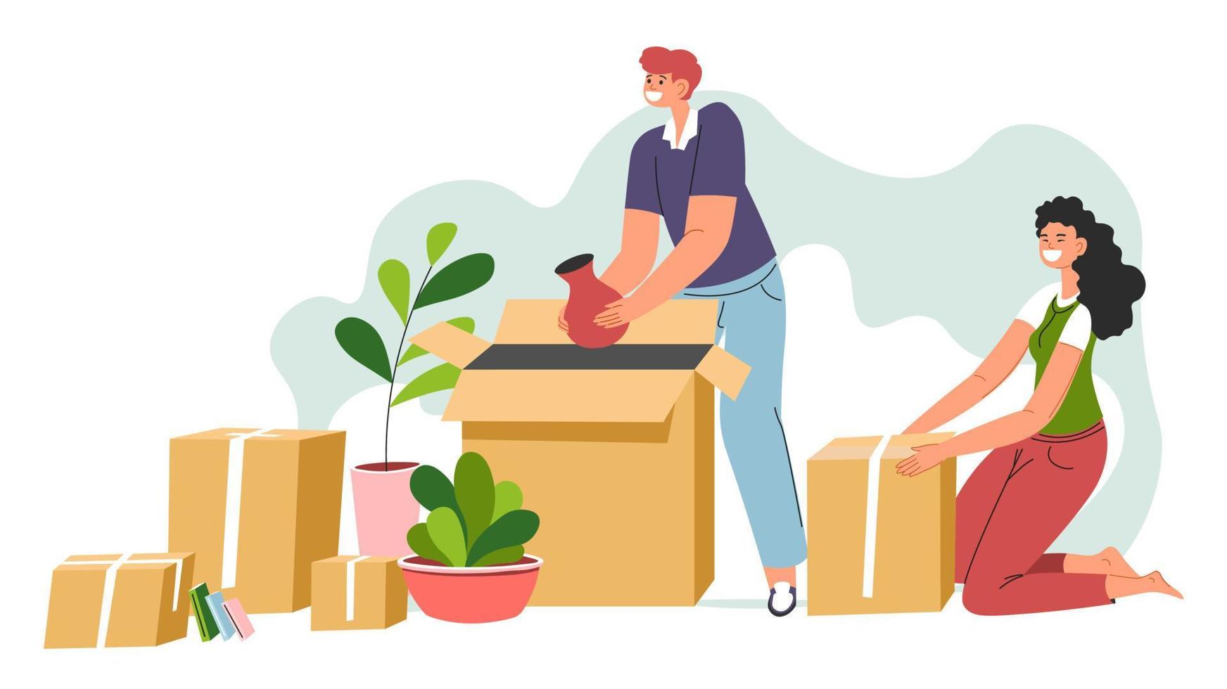 Man and woman moving in unpacking boxes in flat vector