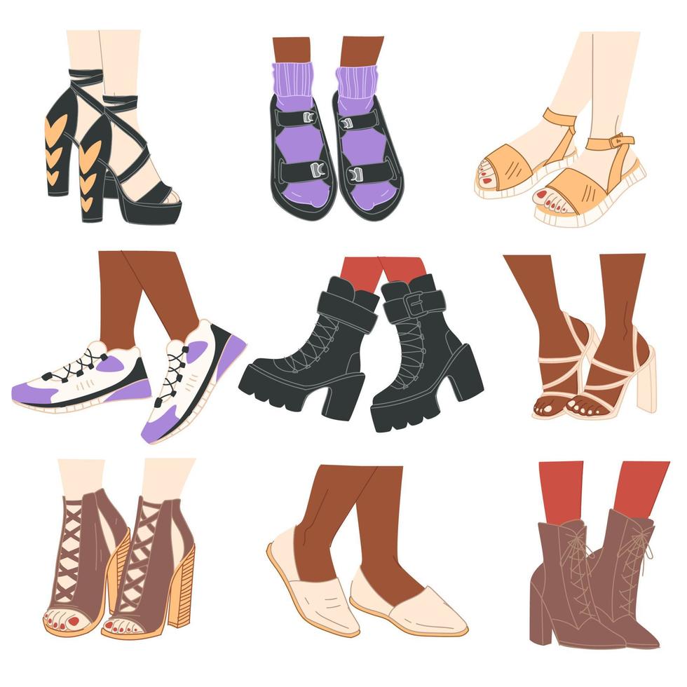 Pairs of shoes, females on heels and flat boots vector