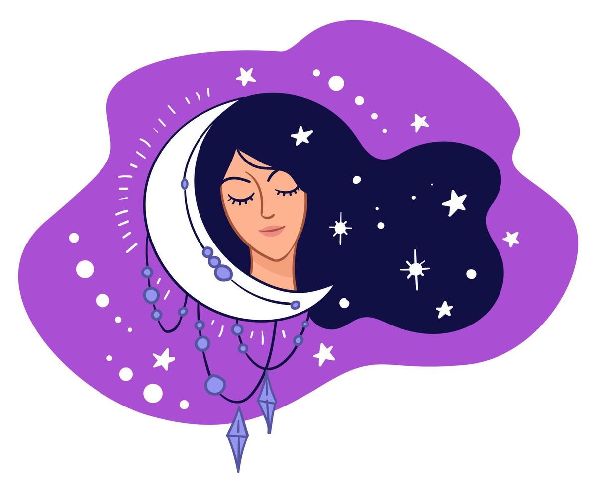 Sleepy woman with crescent moon and shining stars vector