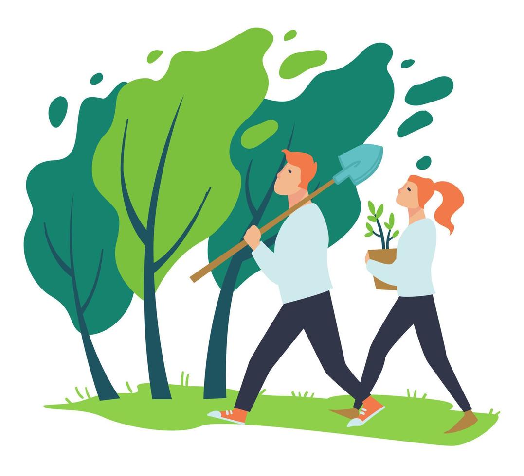 Man and woman planting trees and flowers vector