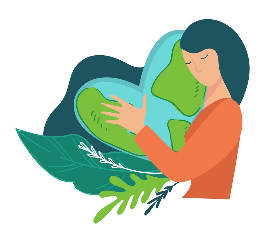 Care for planet, woman hugging heart shaped earth vector