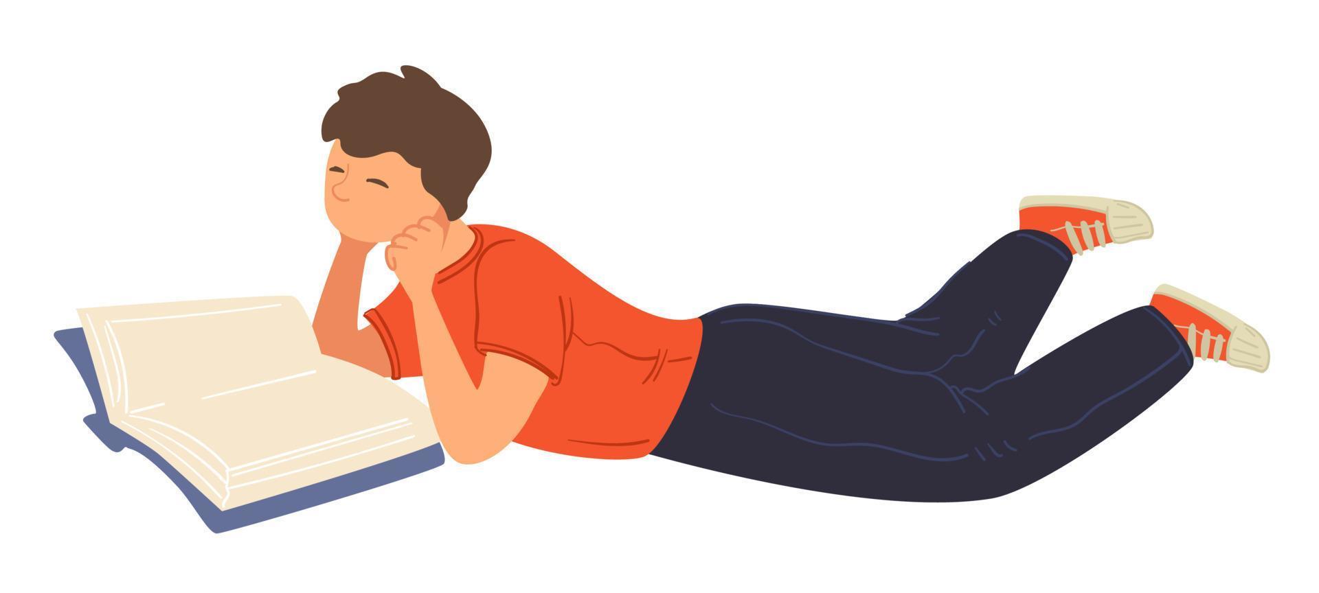 Teenage boy laying and reading book for fun vector