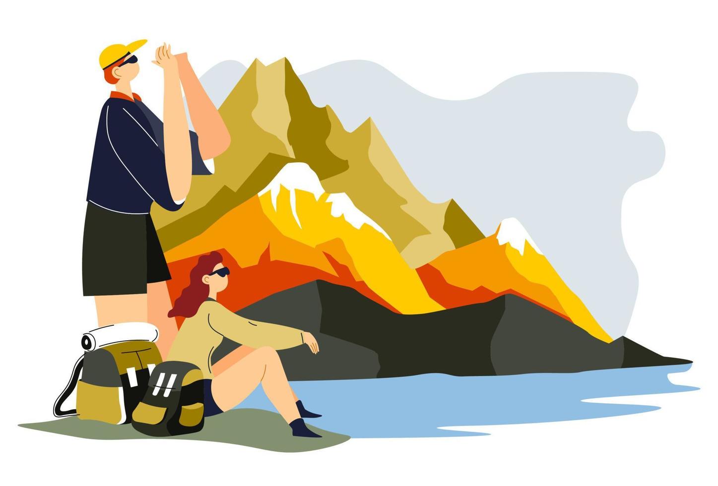 Friends or couple enjoying mountains view from top vector