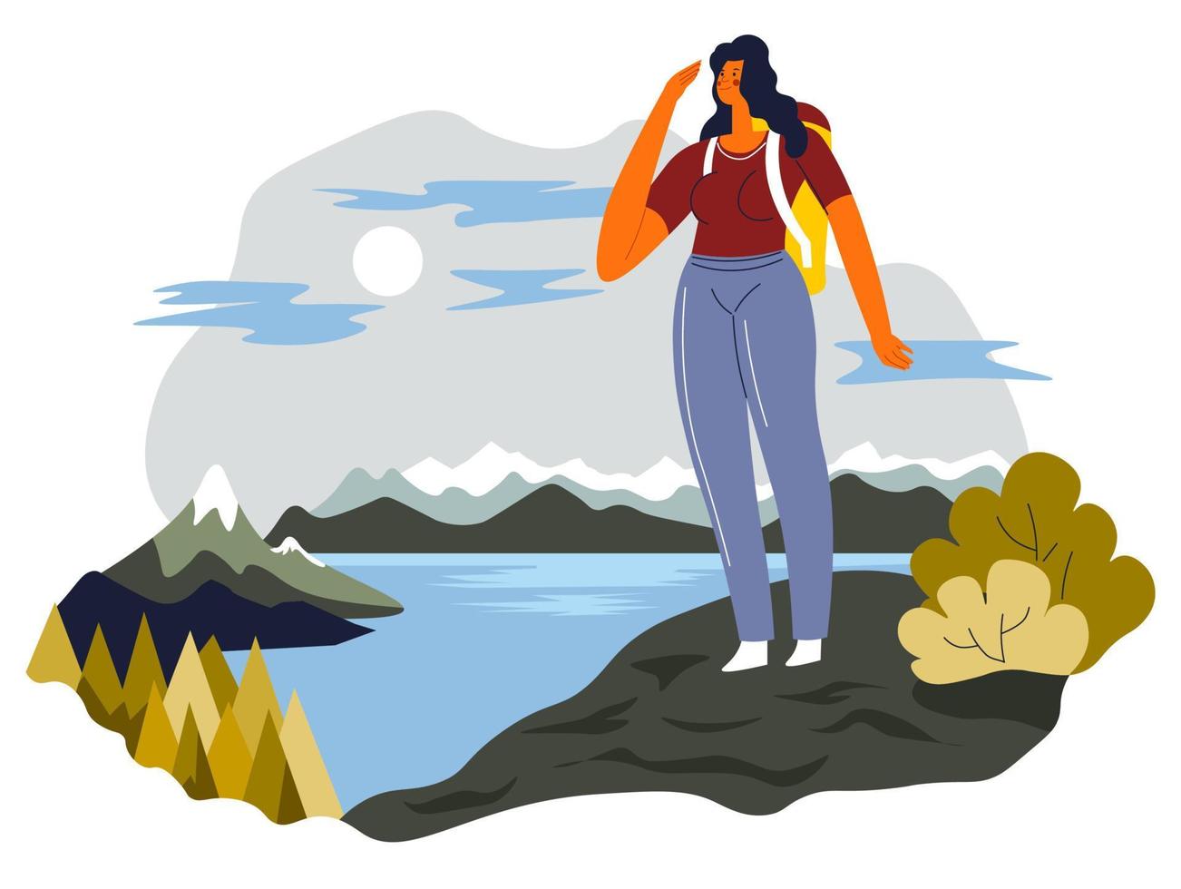 Woman looking at mountains lake standing on top vector