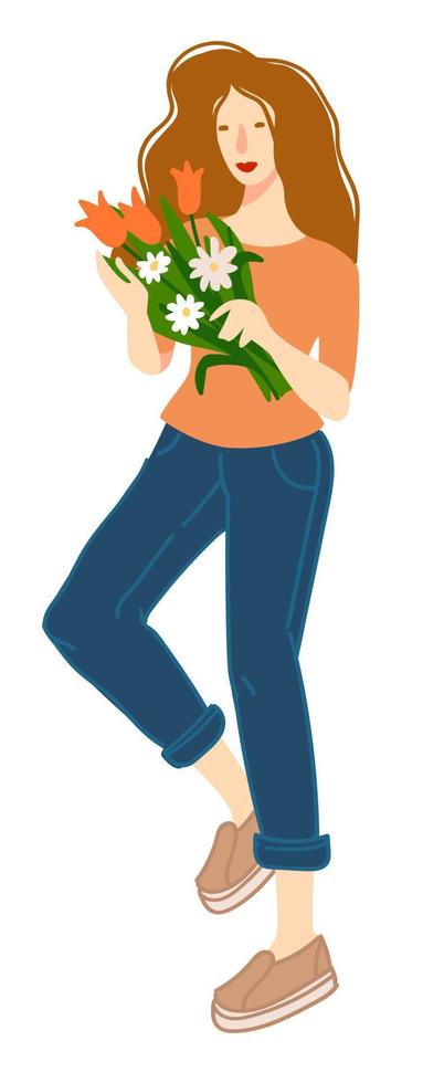 Woman with flowers in bouquet, blooming flora vector