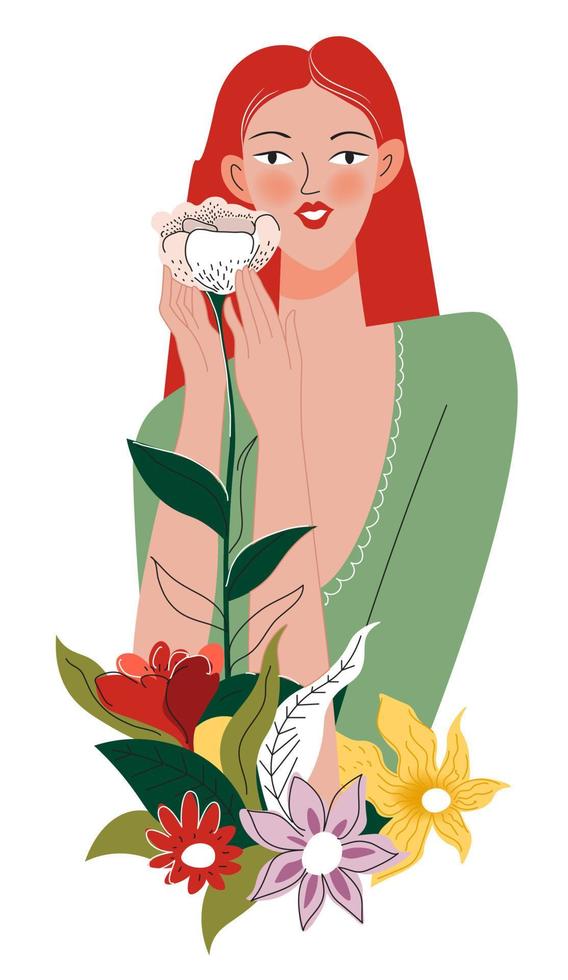 Elegant female character with blooming bouquet vector