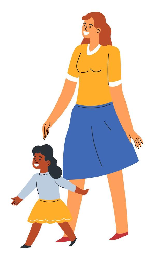 Kindergarten teacher watching after small girl kid vector