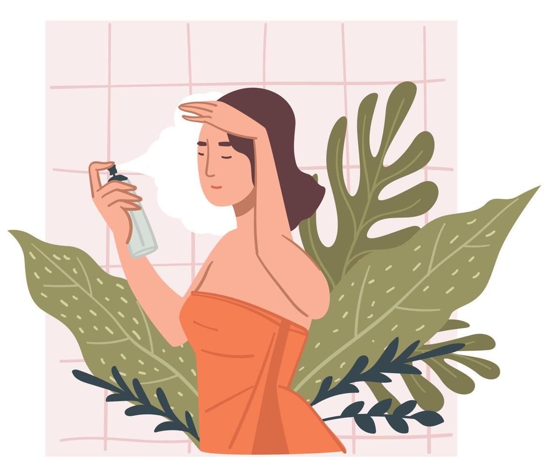 Woman using spay for face, care and treatment vector