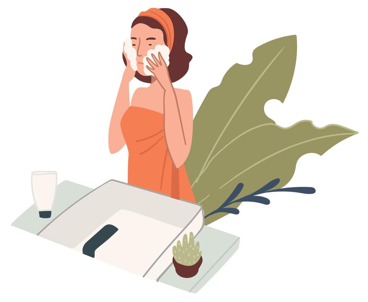 Female character cleaning face with foam cream vector