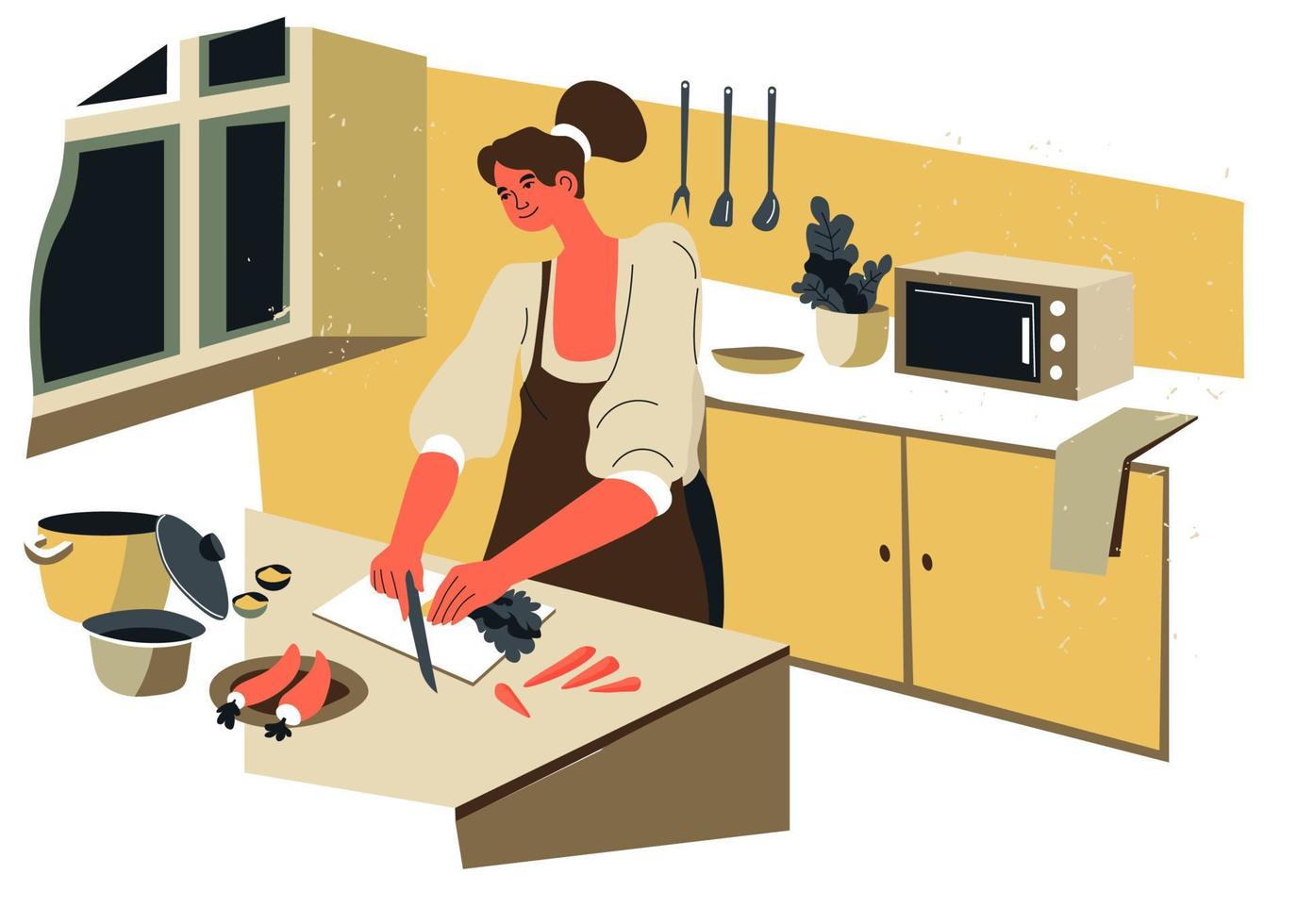 Woman cooking dinner in kitchen at home vector