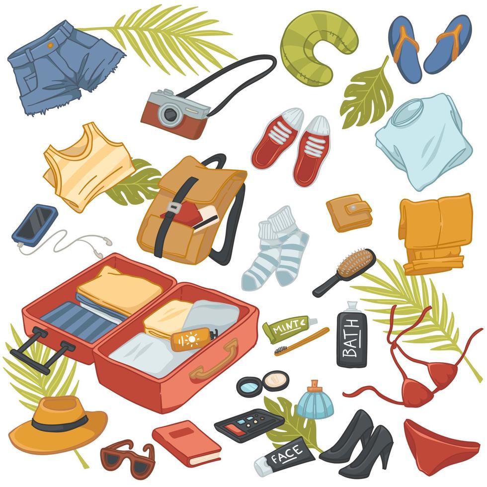 Summer traveling and voyage belongings kit and bag vector