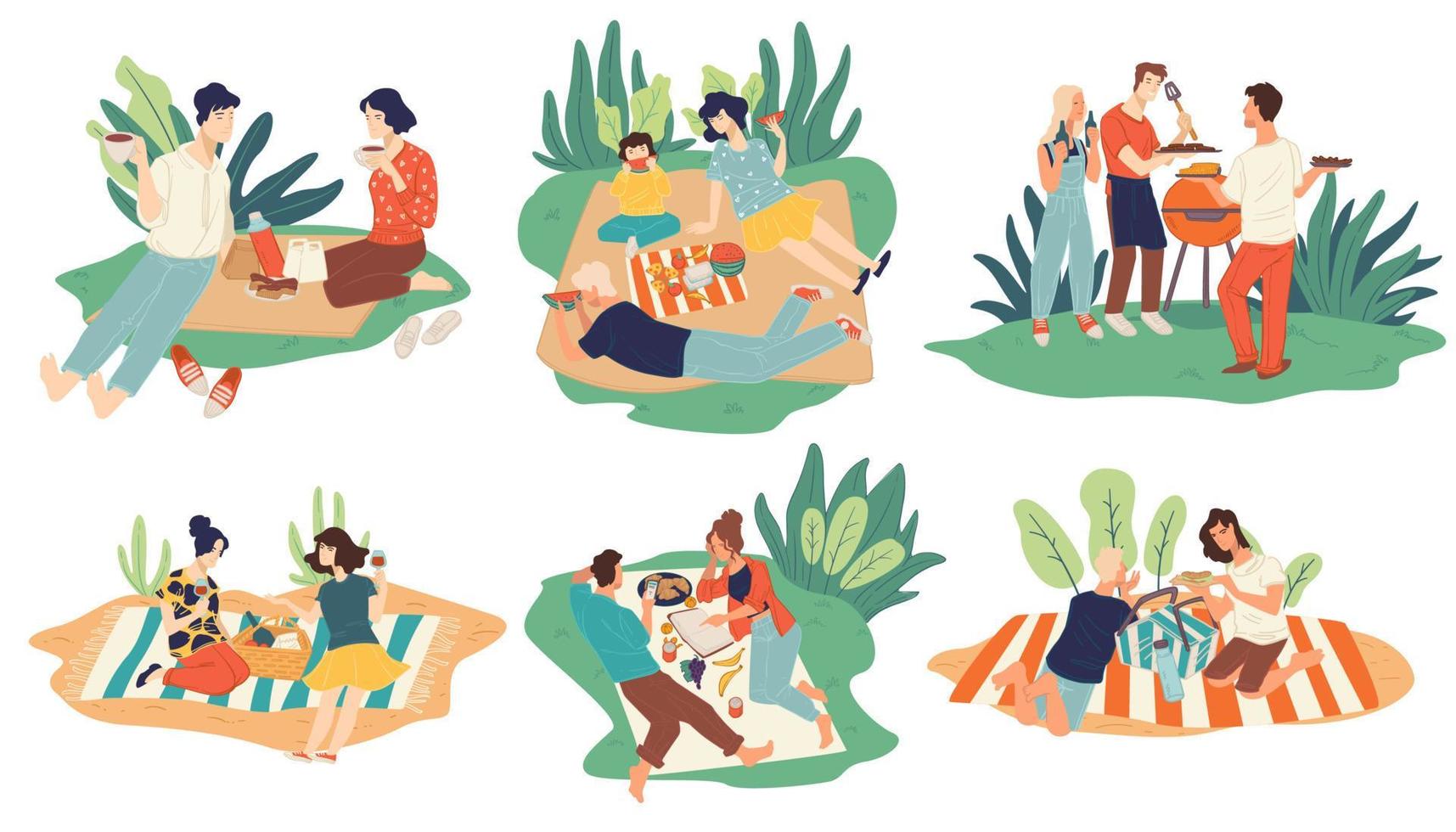 Picnic on weekends, family and couples eating vector