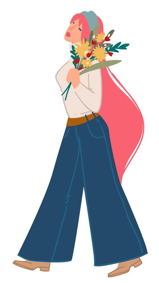 personaje femenino caminando con ramo en las manos vector