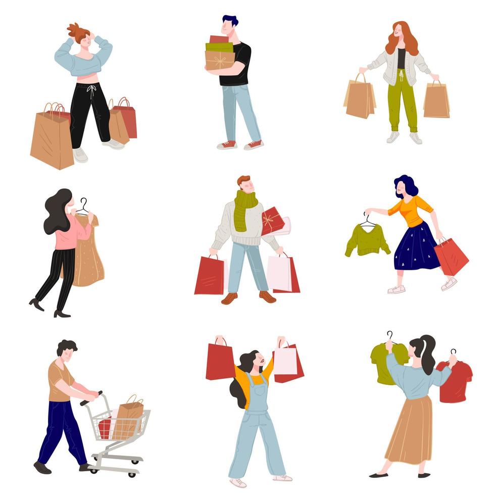 Shopping people holding bags, boxes and presents vector