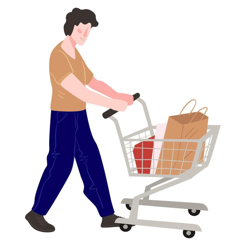 Character shopping buying products pushing cart vector