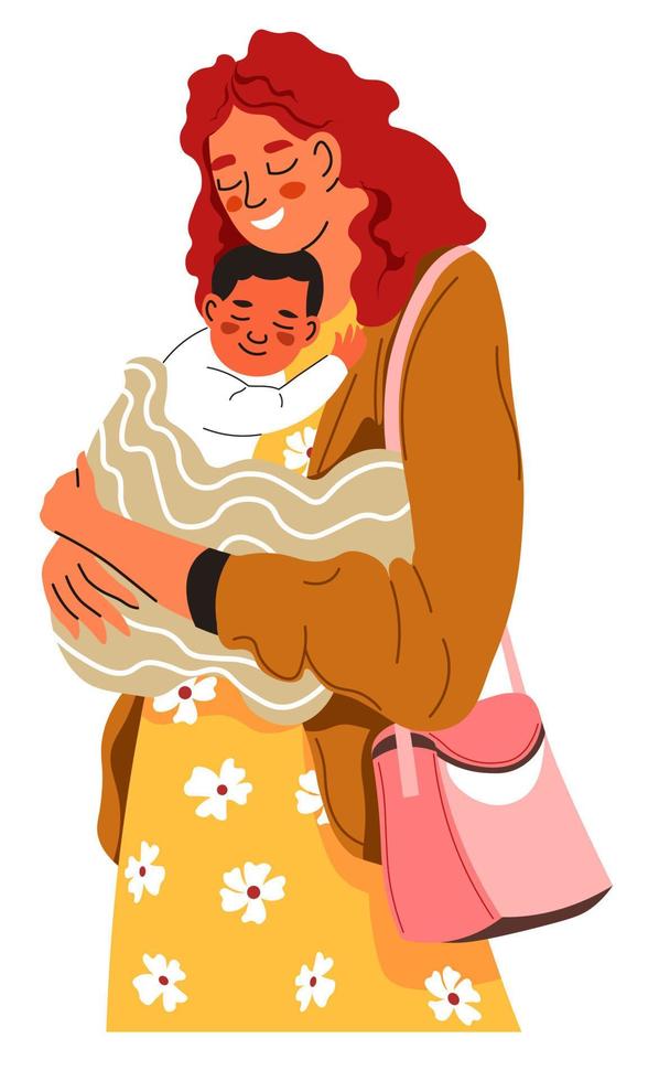 Happy woman holding toddler child on hands vector