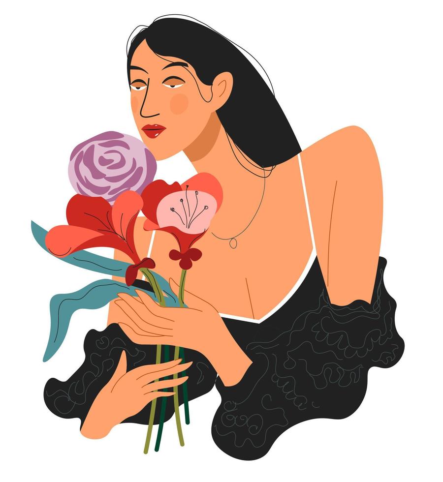 Elegant lady sniffing bouquet of flowers in hands vector