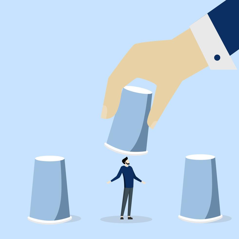 candidate selection human resources, HR, career choice or hiring manager and employment concept, employer's hand lifts selected cup to select prospective employers from cup guessing game. vector