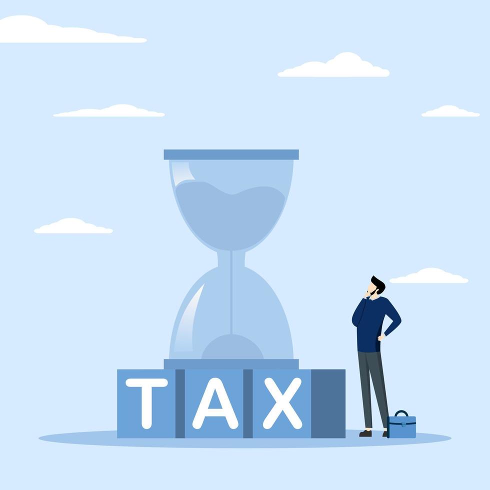 Countdown time for tax deadline concept, hourglass or sand on wooden cube block with letters TAX with standing character looking up at hourglass, vector flat illustration.