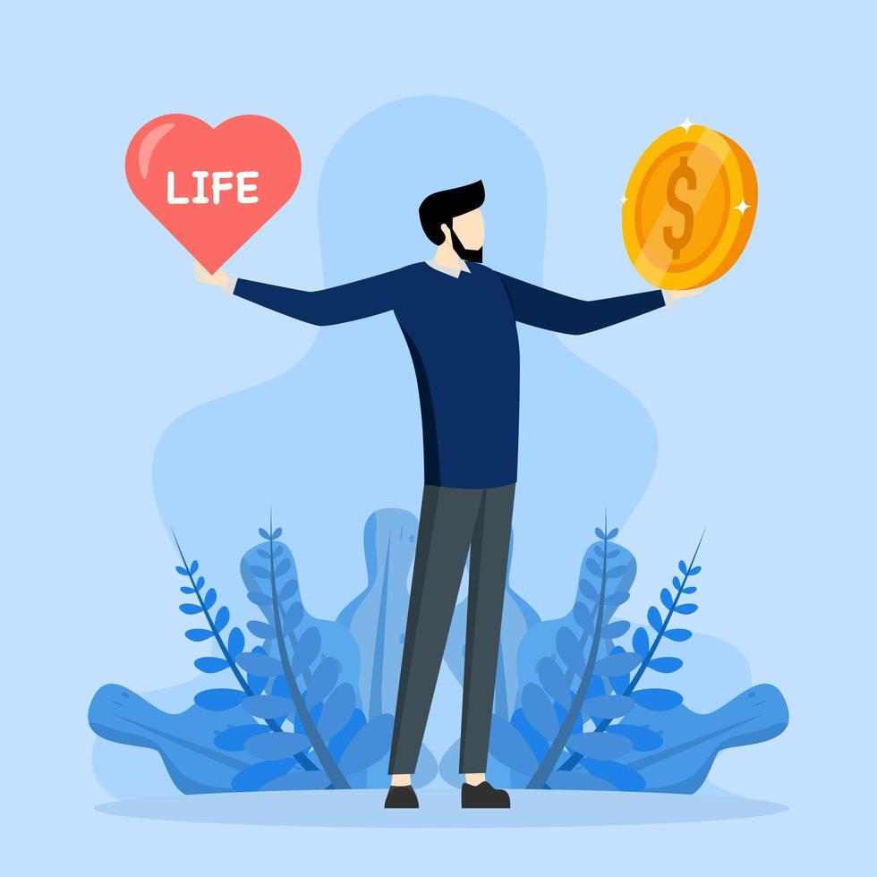 concepto de equilibrio de vida laboral, elegir entre pasar tiempo con la familia y uno mismo o trabajar duro para ganar dinero, hombre de negocios con una gran moneda con verbos en forma de corazón y vida en el otro lado. vector