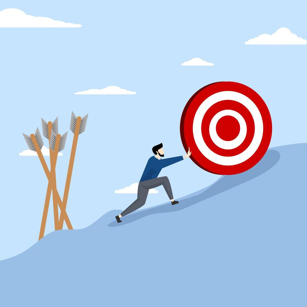 failure or obstacle, missed target, difficulty in working hard to achieve target or setting too high or unrealistic goal concept, businessman trying hard to push dartboard or arrow target up hill. vector