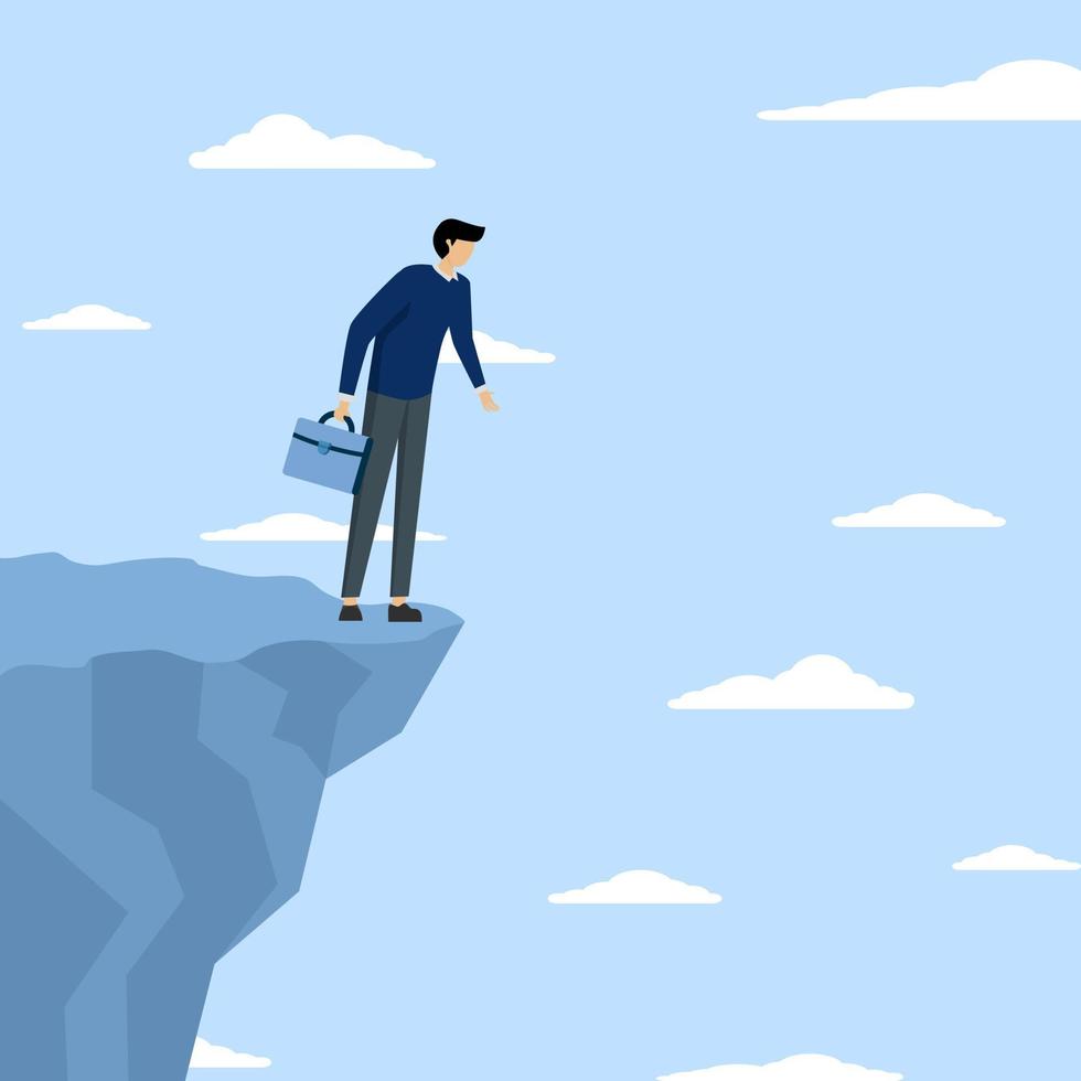 Investment or financial risk of falling down from economic recession, fear of losing money or repaying debt concept, businessman standing on edge of cliff in sky looking down with fear of heights. vector